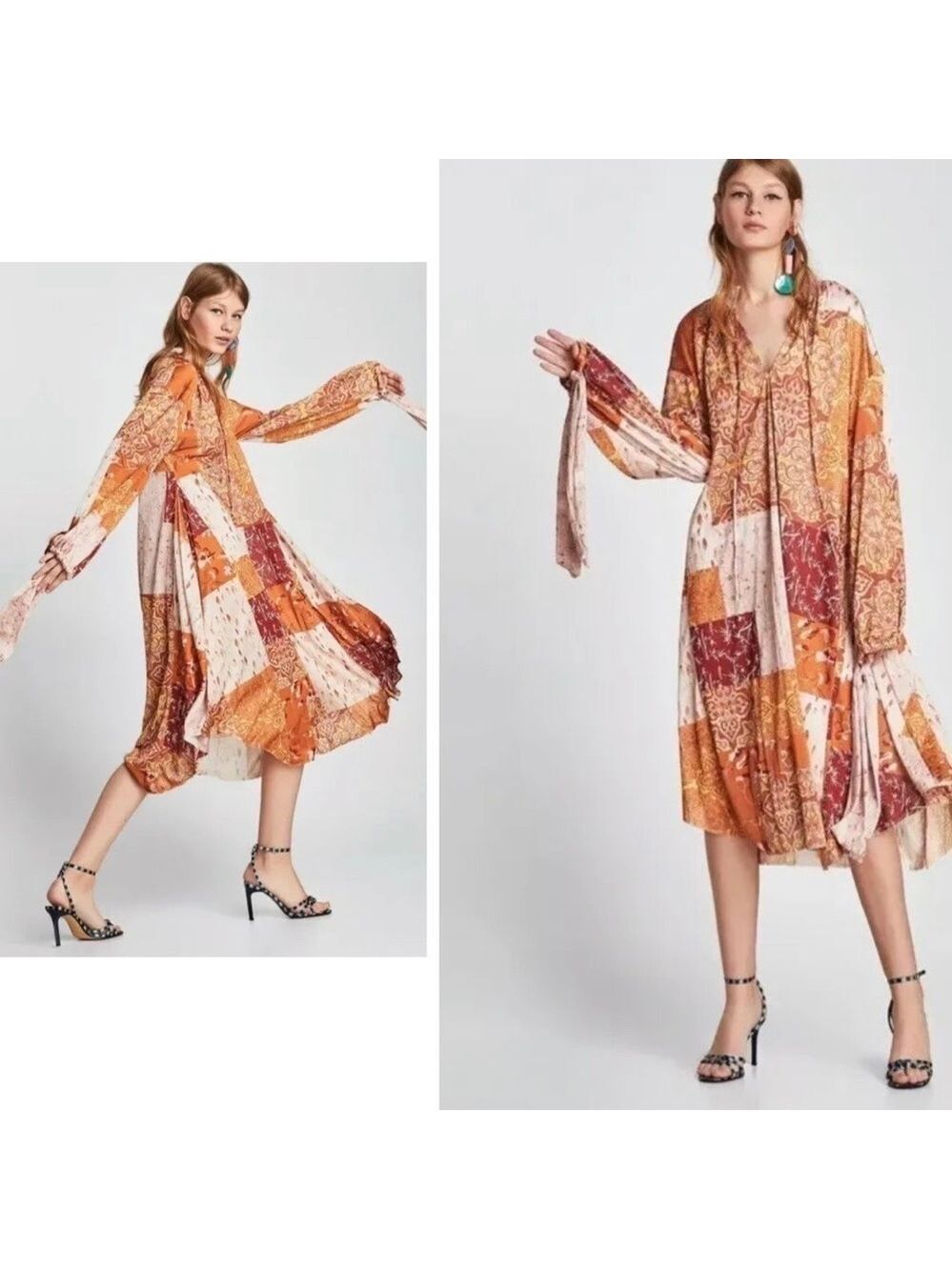 ZARA Collection RARE orange red pink patchwork floral oversized BoHo dress Sz M